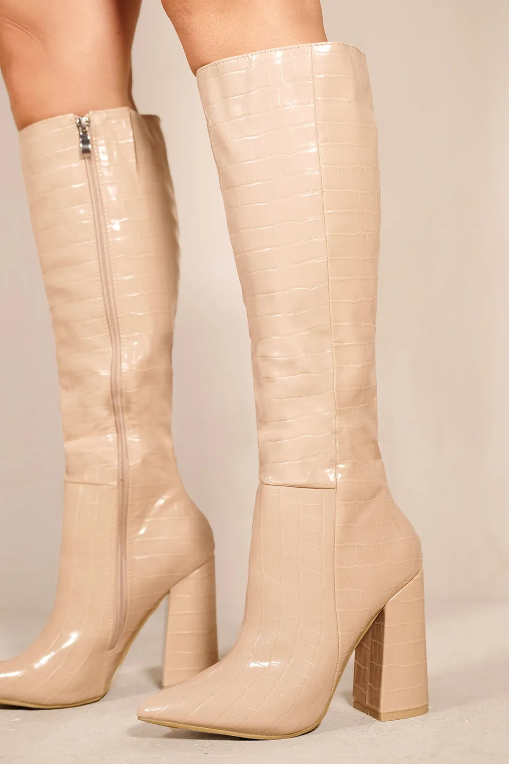 COLETTER BLOCK HEEL CALF HIGH BOOTS WITH POINTED TOE & SIDE ZIP IN NUDE CROCO FAUX LEATHER