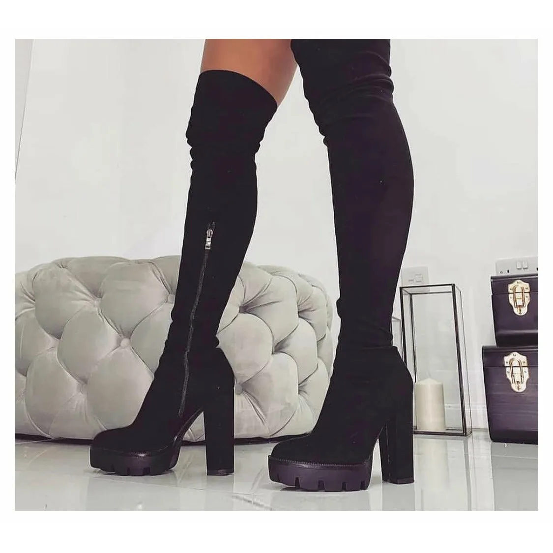 Knee Length  Round Toe High Heel Sock Boots