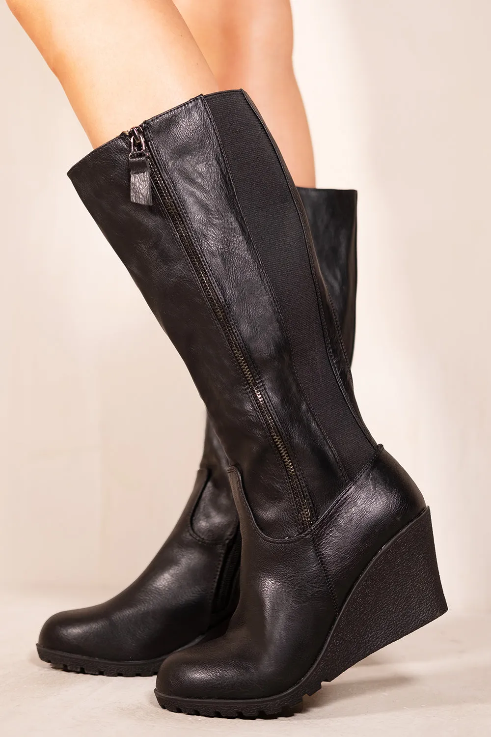 LARA WEDGE HEEL MID CALF HIGH BOOTS WITH SIDE ZIP IN BLACK FAUX LEATHER