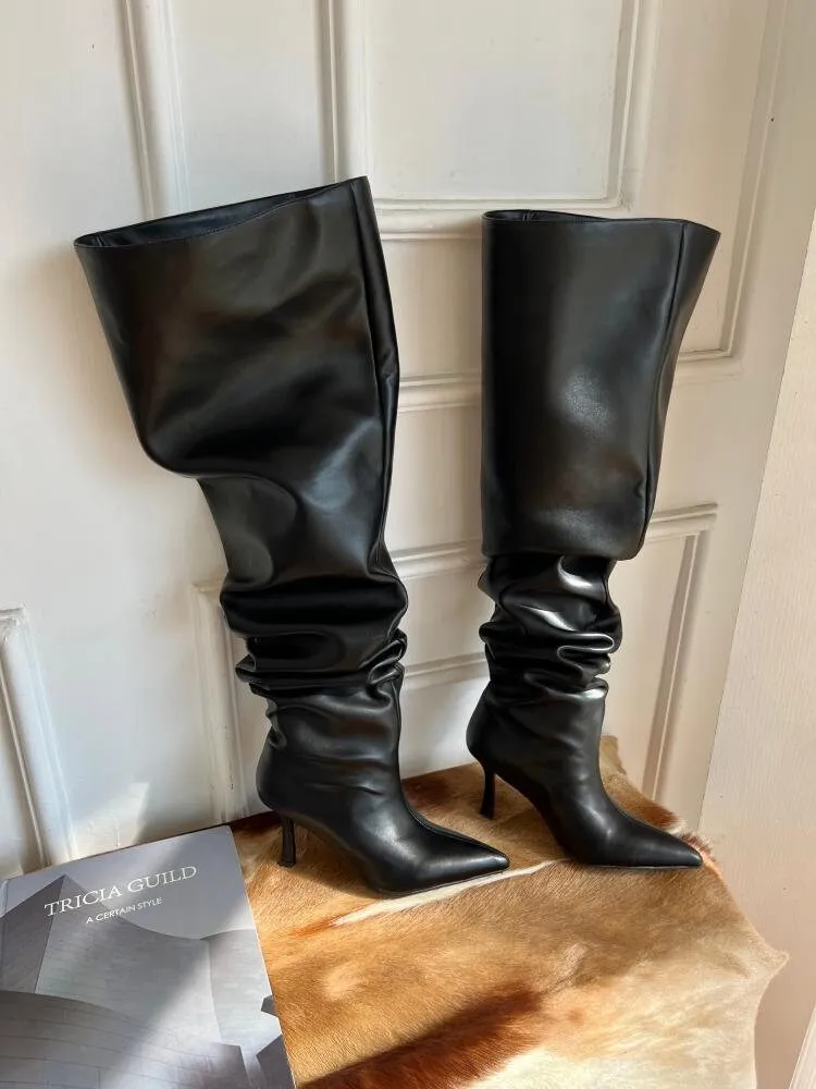 Stylish Leather Knee-High Boots for Women,  Black Slouch Heel Boots, Point Toe Slouchy Leather Heel Boots, Size 35 36 37 38 39 40 41 42