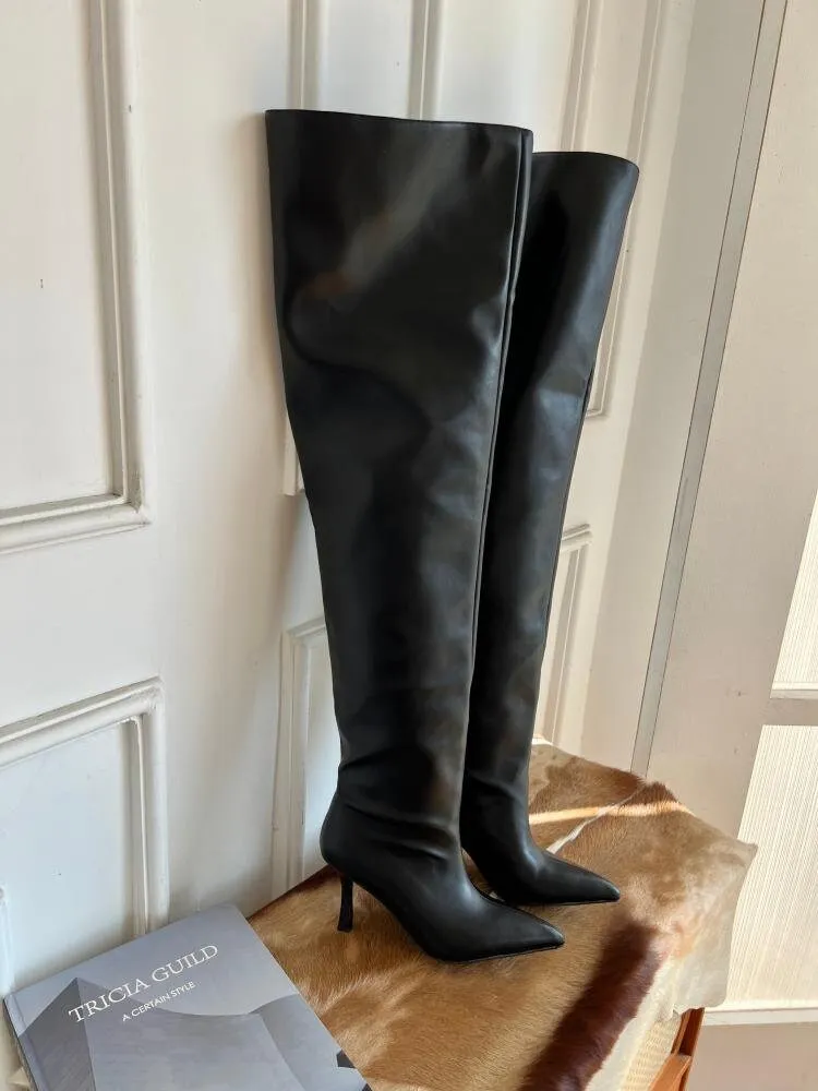 Stylish Leather Knee-High Boots for Women,  Black Slouch Heel Boots, Point Toe Slouchy Leather Heel Boots, Size 35 36 37 38 39 40 41 42