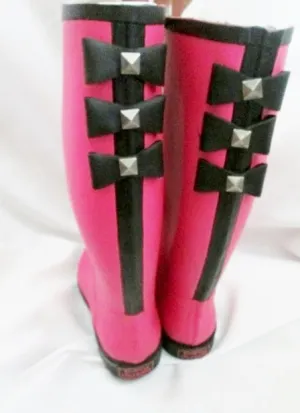 Womens DIRTY LAUNDRY Wellies Rain Boots Rainboots Puddle Jumpers PINK BOW 8 BLACK