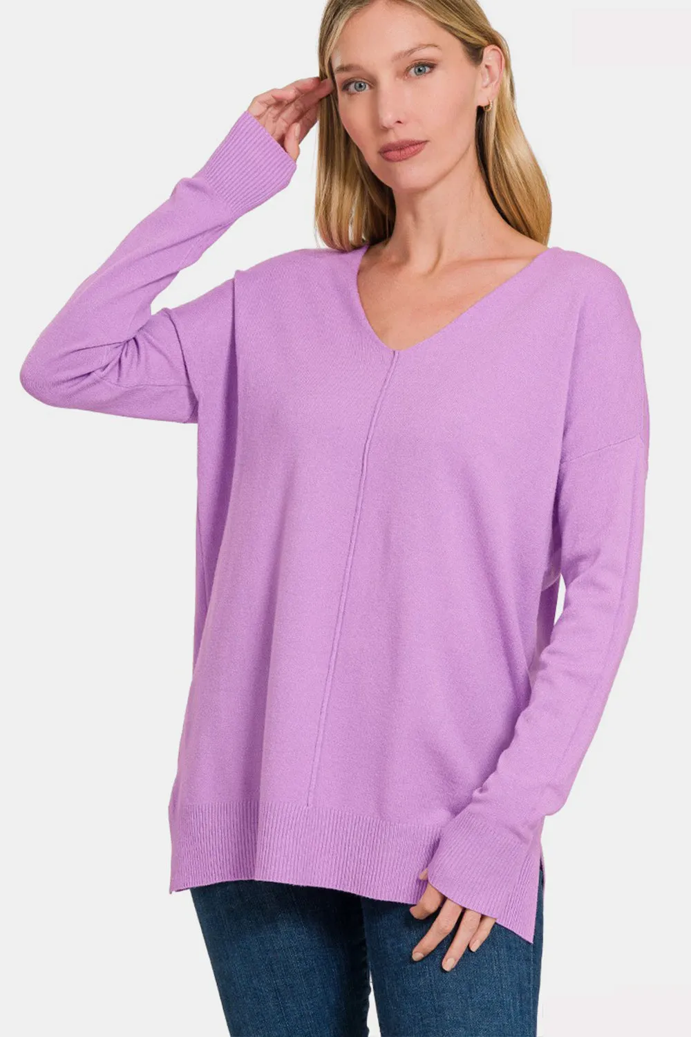 Zenana Slit V-Neck Dropped Shoulder Sweater